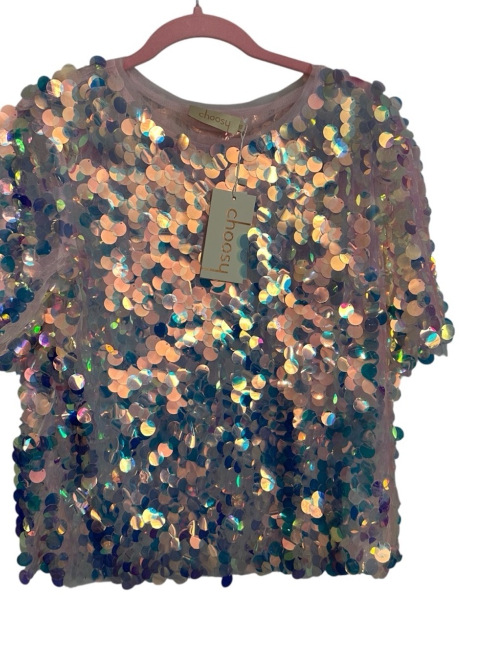 Choosy Women's Short Sleeve Crewneck Iridescent Sequin Tulle Blouse Sz XS NWT